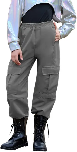Perfashion Metallic Cargo Pants for Girls Hip Hop Dance Multi-Pocket Joggers High Waist Pants 6-15Y