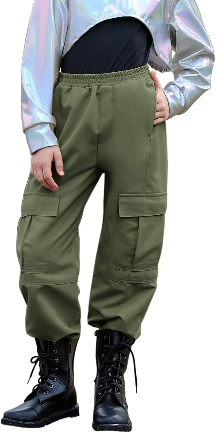 Perfashion Metallic Cargo Pants for Girls Hip Hop Dance Multi-Pocket Joggers High Waist Pants 6-15Y