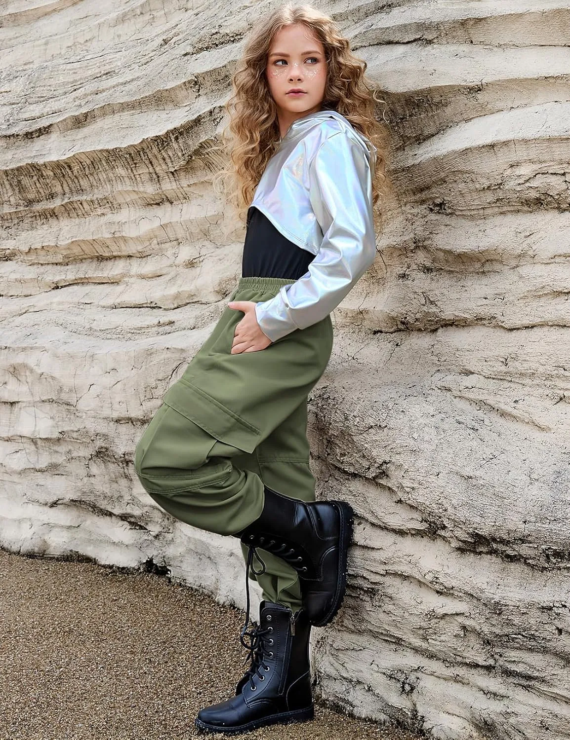 Perfashion Metallic Cargo Pants for Girls Hip Hop Dance Multi-Pocket Joggers High Waist Pants 6-15Y