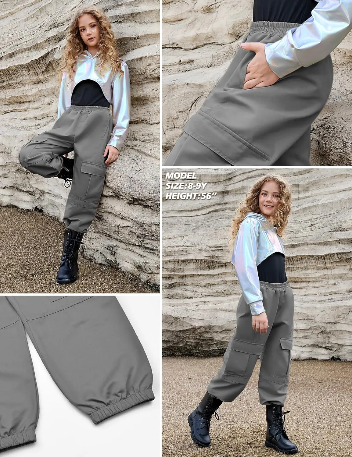 Perfashion Metallic Cargo Pants for Girls Hip Hop Dance Multi-Pocket Joggers High Waist Pants 6-15Y