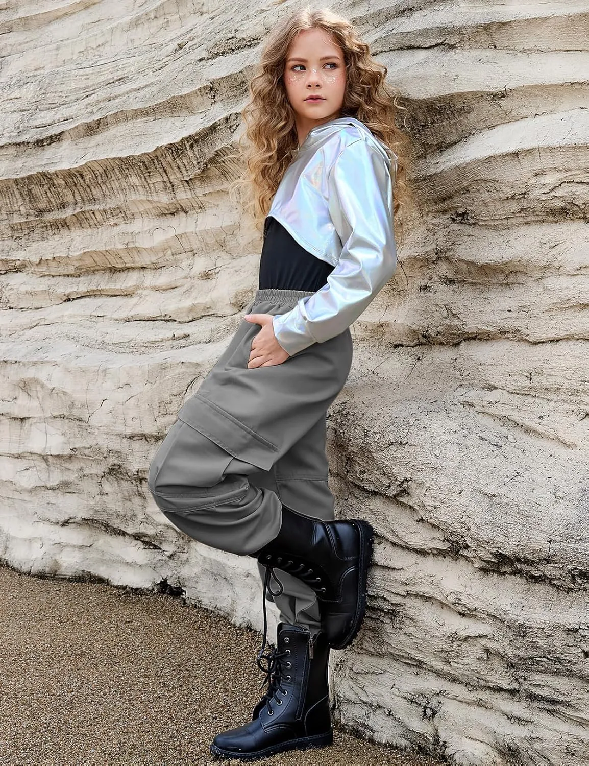 Perfashion Metallic Cargo Pants for Girls Hip Hop Dance Multi-Pocket Joggers High Waist Pants 6-15Y