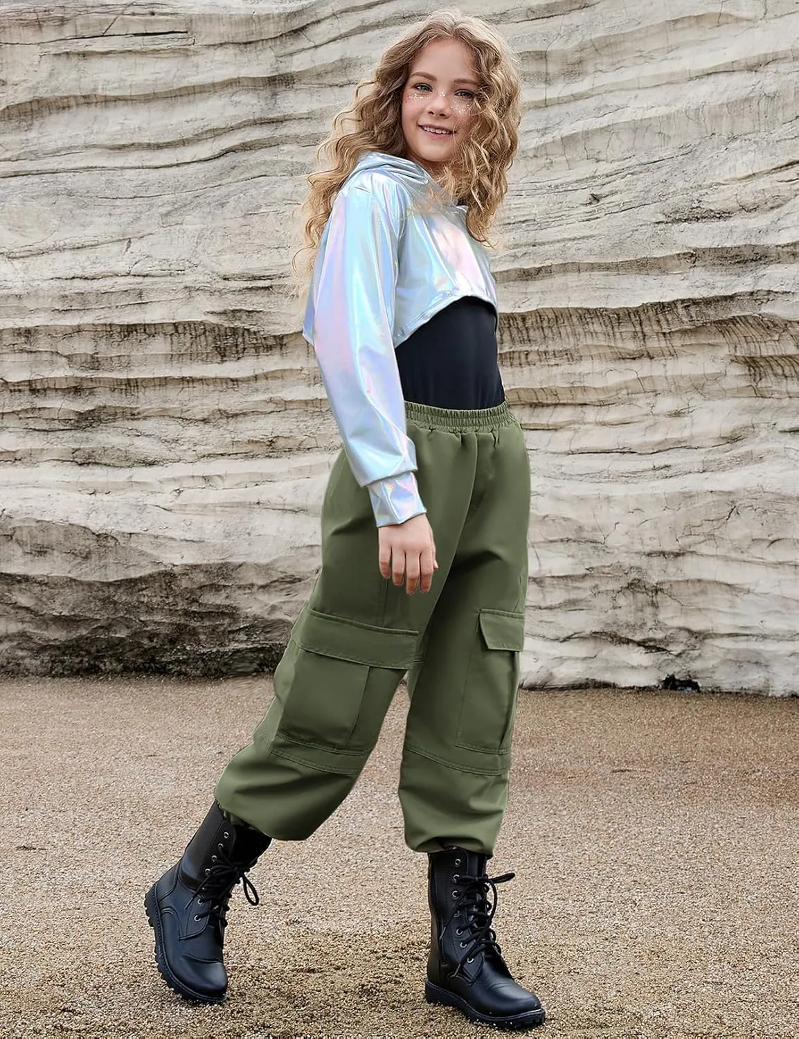 Perfashion Metallic Cargo Pants for Girls Hip Hop Dance Multi-Pocket Joggers High Waist Pants 6-15Y