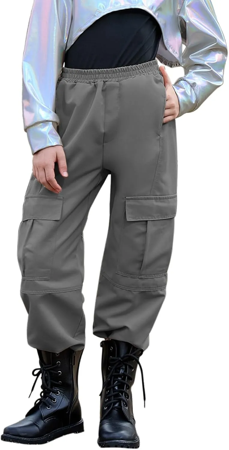 Perfashion Metallic Cargo Pants for Girls Hip Hop Dance Multi-Pocket Joggers High Waist Pants 6-15Y