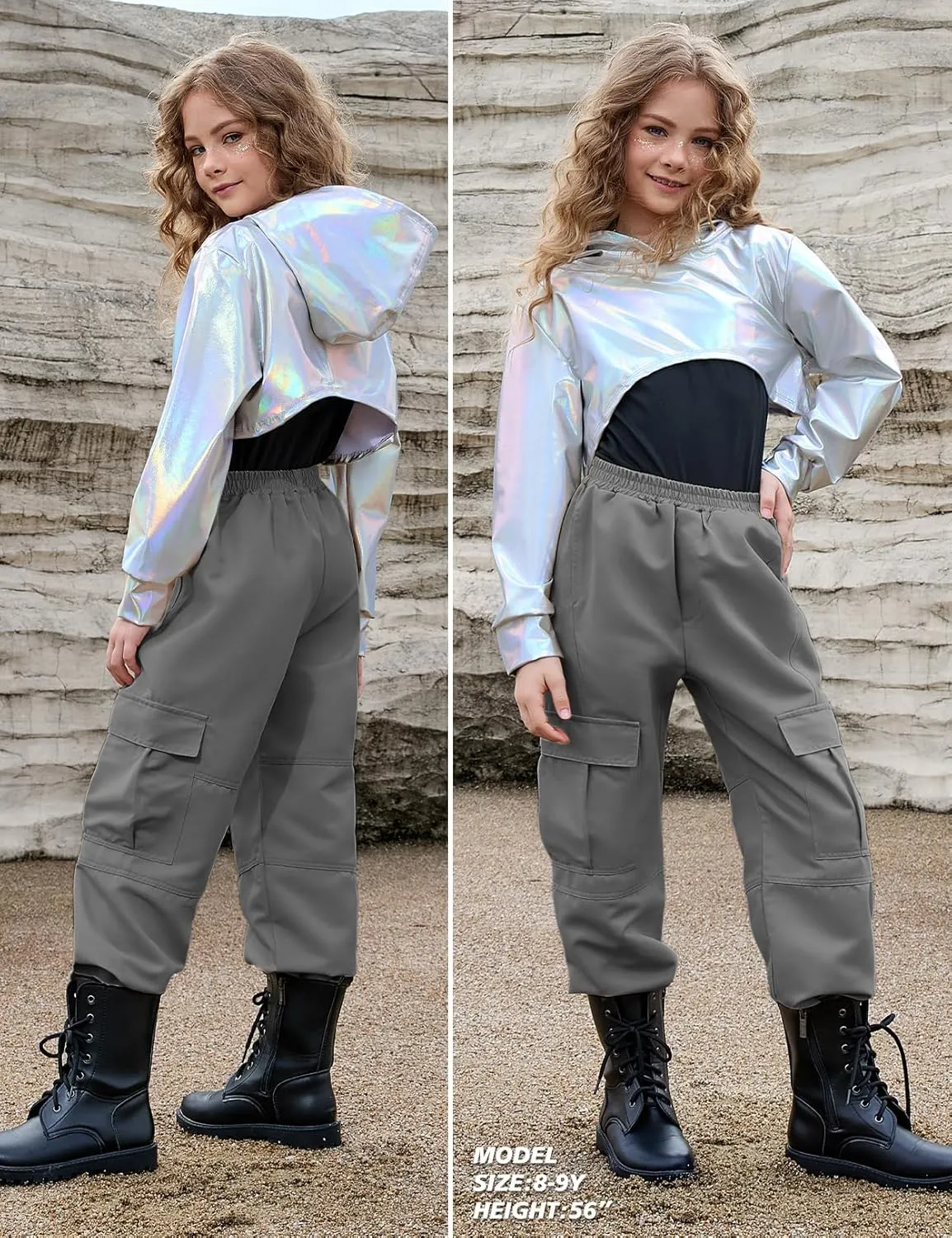 Perfashion Metallic Cargo Pants for Girls Hip Hop Dance Multi-Pocket Joggers High Waist Pants 6-15Y
