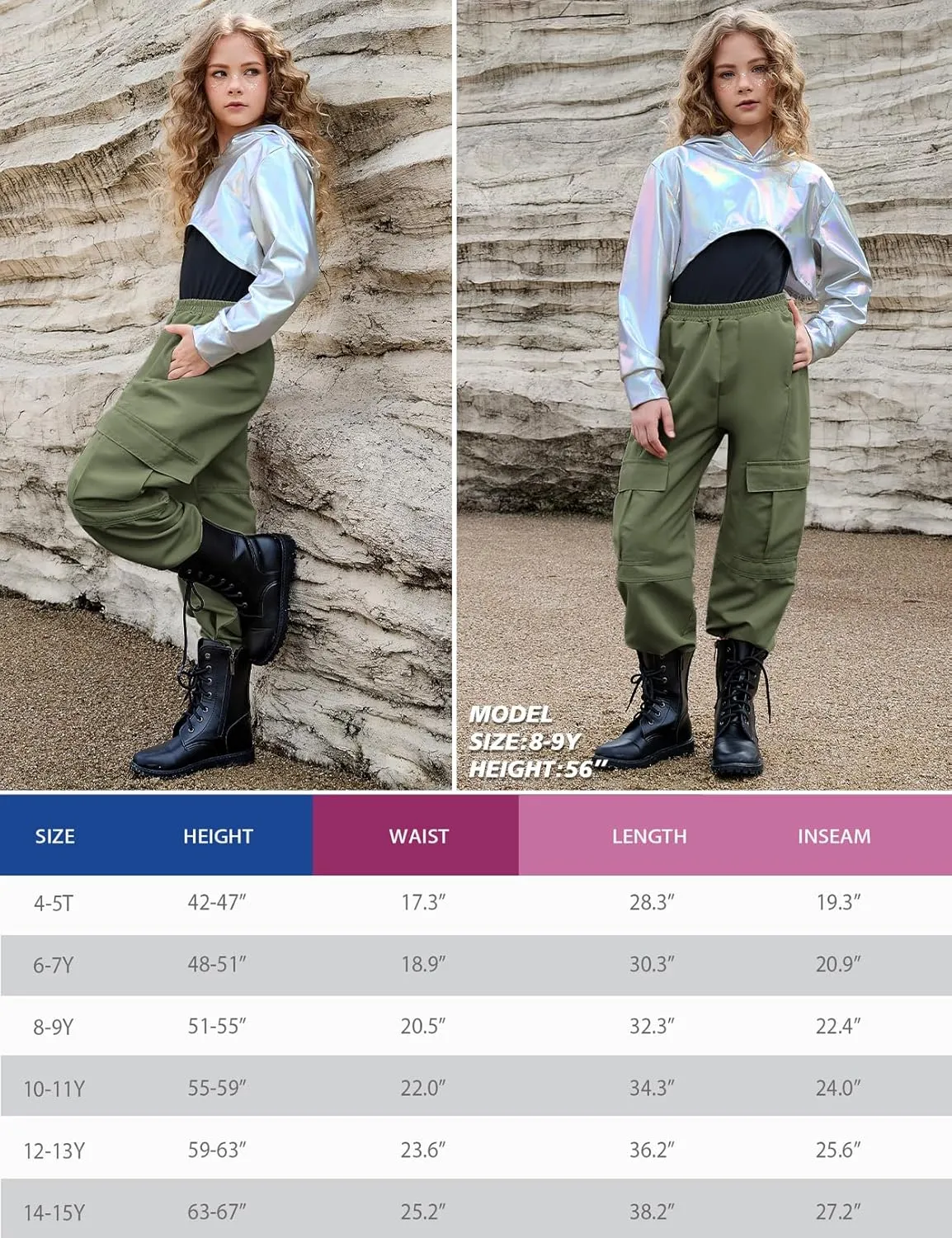 Perfashion Metallic Cargo Pants for Girls Hip Hop Dance Multi-Pocket Joggers High Waist Pants 6-15Y