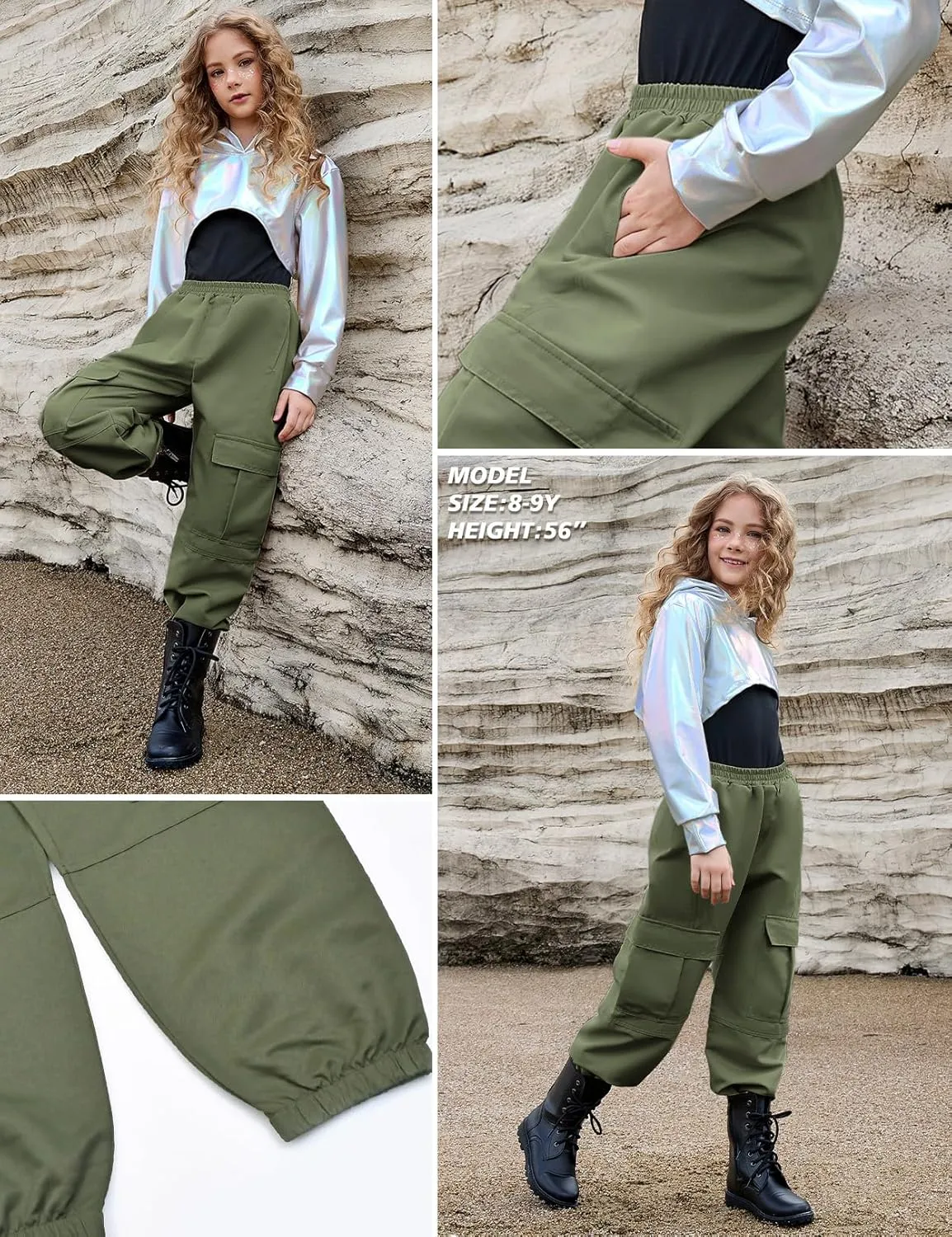 Perfashion Metallic Cargo Pants for Girls Hip Hop Dance Multi-Pocket Joggers High Waist Pants 6-15Y