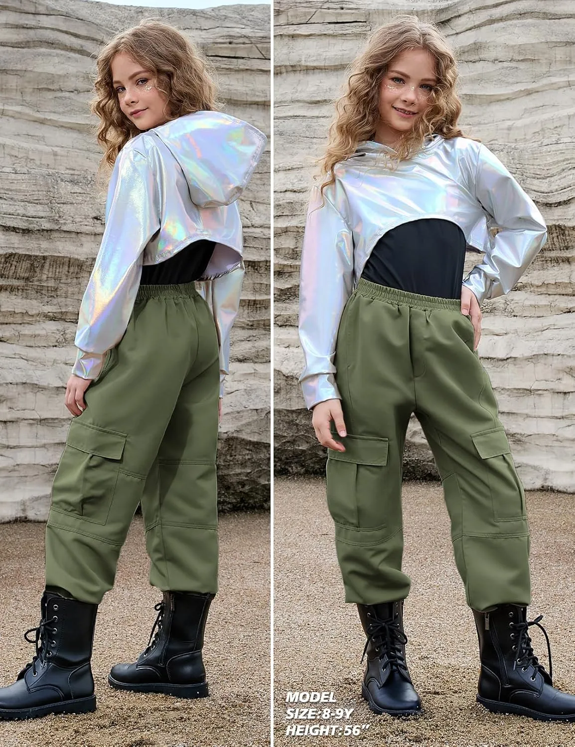 Perfashion Metallic Cargo Pants for Girls Hip Hop Dance Multi-Pocket Joggers High Waist Pants 6-15Y