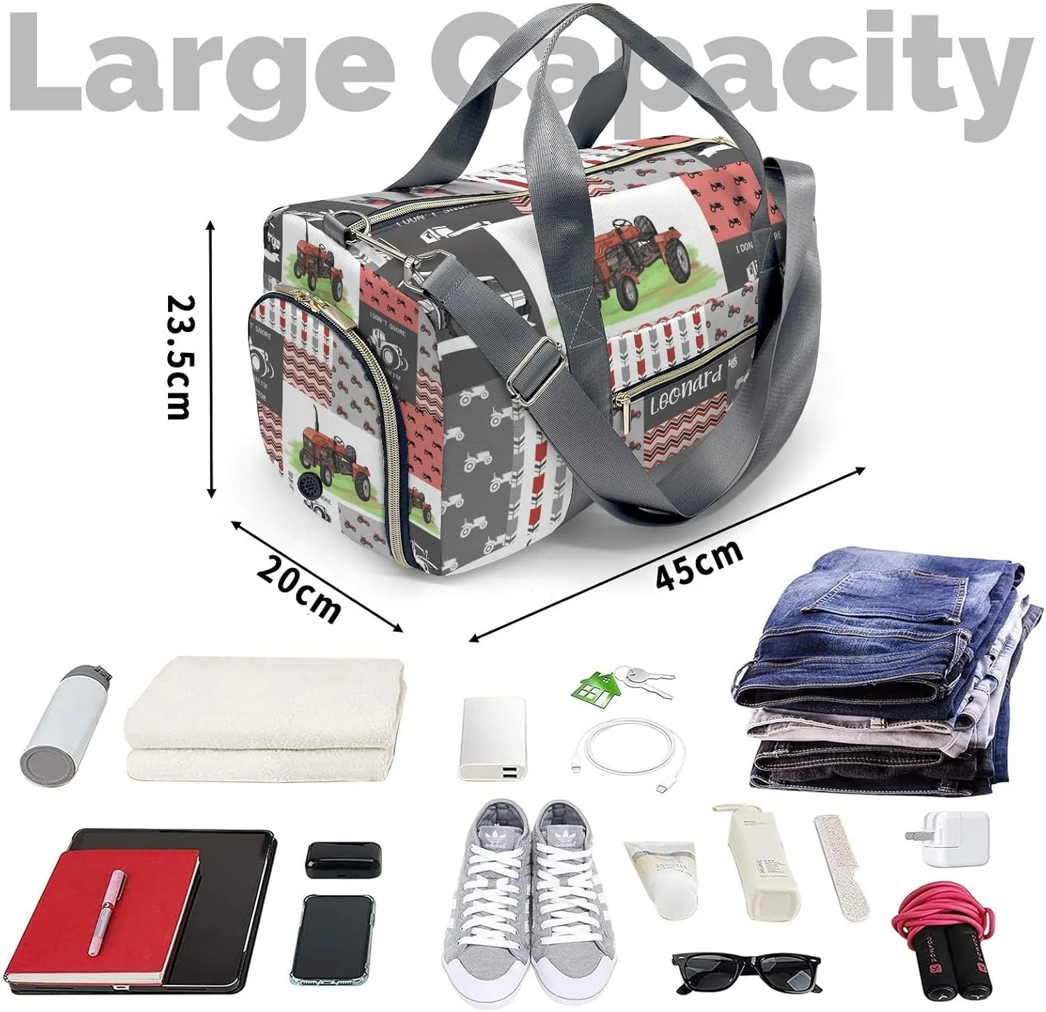 Personalized Name Duffel Bag Retro Farm Car Tractor Patchwork Ultimate Travel Bags: Your Companion for Every Adventure