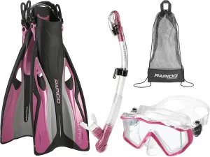 Phantom Aquatics Rapido Boutique Collection Clareza Three Window Tempered Glass Lens Mask Fin Snorkel Set with Snorkeling Gear Carry Bag