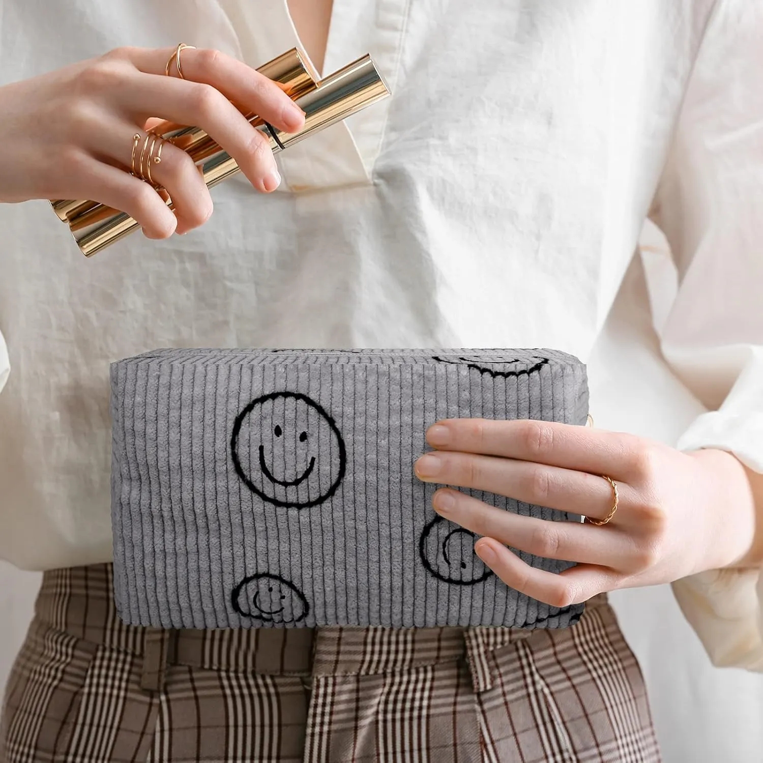 Photect 3 Pcs Corduroy Cosmetic Bag Smile Face Aesthetic Preppy Pouch Travel Makeup Bags for Christmas Women Holiday Organizer Gifts(Classic,Beige, Gray, Blue)