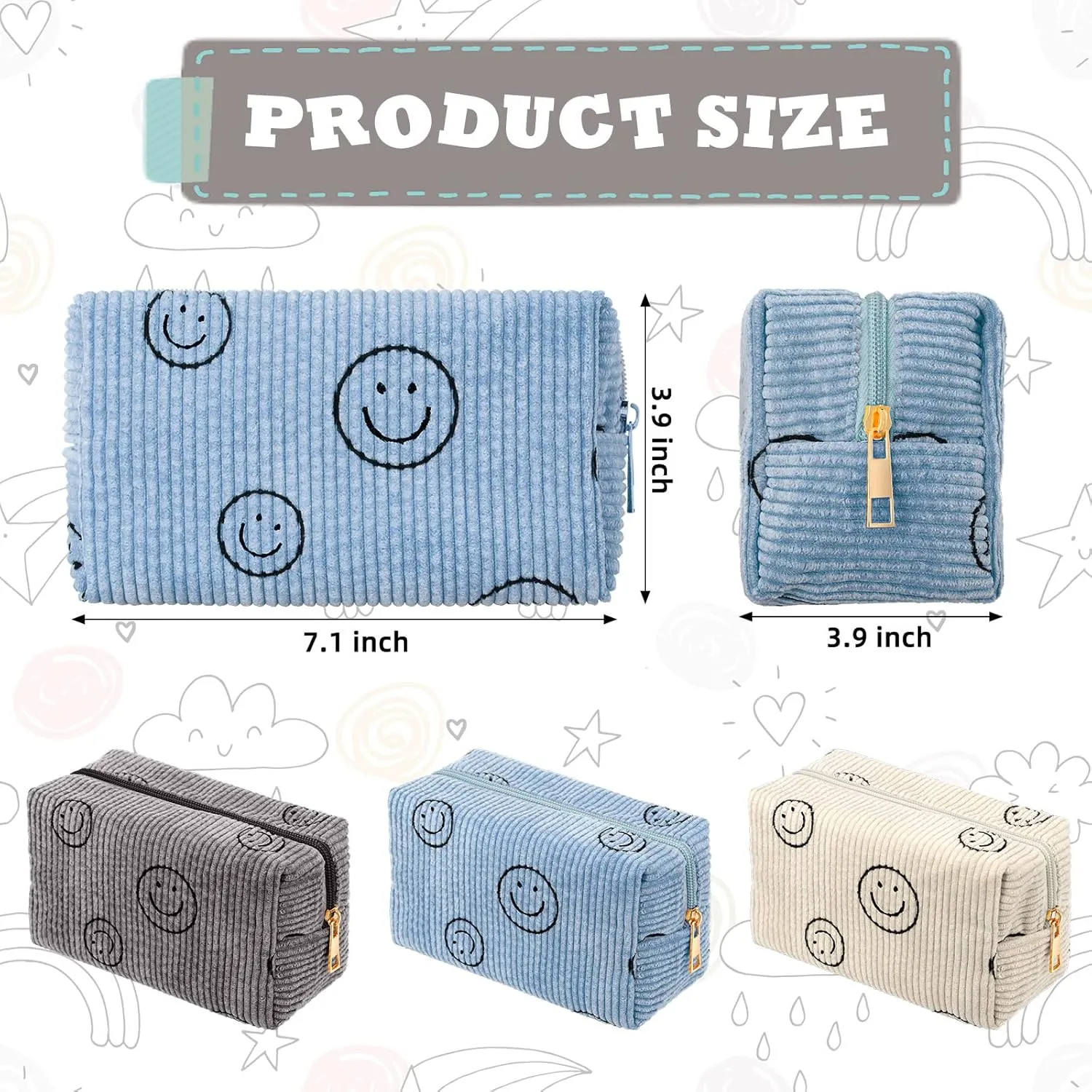 Photect 3 Pcs Corduroy Cosmetic Bag Smile Face Aesthetic Preppy Pouch Travel Makeup Bags for Christmas Women Holiday Organizer Gifts(Classic,Beige, Gray, Blue)