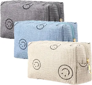 Photect 3 Pcs Corduroy Cosmetic Bag Smile Face Aesthetic Preppy Pouch Travel Makeup Bags for Christmas Women Holiday Organizer Gifts(Classic,Beige, Gray, Blue)
