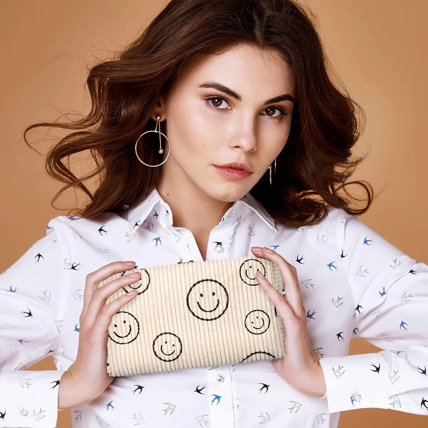 Photect 3 Pcs Corduroy Cosmetic Bag Smile Face Aesthetic Preppy Pouch Travel Makeup Bags for Christmas Women Holiday Organizer Gifts(Classic,Beige, Gray, Blue)