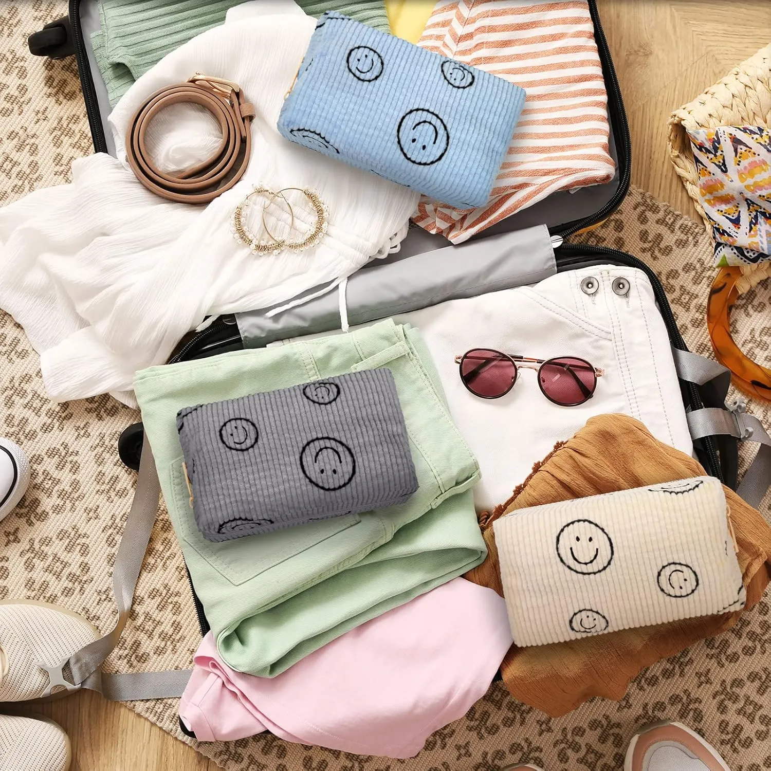 Photect 3 Pcs Corduroy Cosmetic Bag Smile Face Aesthetic Preppy Pouch Travel Makeup Bags for Christmas Women Holiday Organizer Gifts(Classic,Beige, Gray, Blue)