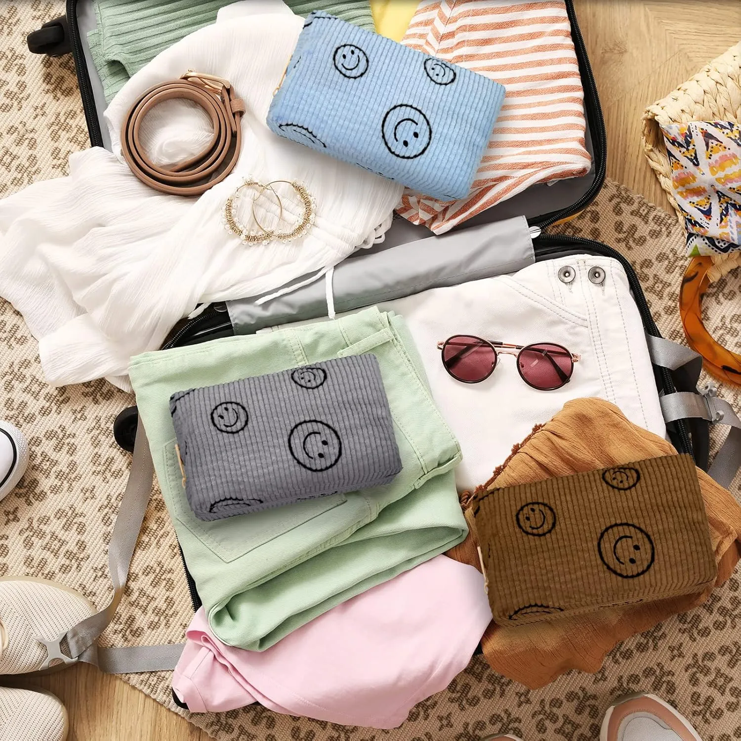 Photect 3 Pcs Corduroy Cosmetic Bag Smile Face Aesthetic Preppy Pouch Travel Makeup Bags for Christmas Women Holiday Organizer Gifts(Classic,Blue, Brown, Dark Gray)