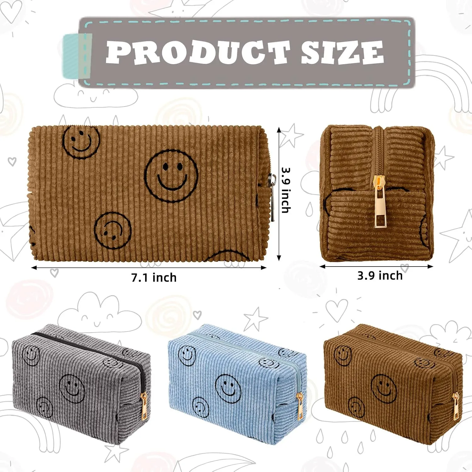 Photect 3 Pcs Corduroy Cosmetic Bag Smile Face Aesthetic Preppy Pouch Travel Makeup Bags for Christmas Women Holiday Organizer Gifts(Classic,Blue, Brown, Dark Gray)