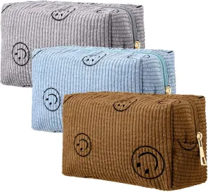 Photect 3 Pcs Corduroy Cosmetic Bag Smile Face Aesthetic Preppy Pouch Travel Makeup Bags for Christmas Women Holiday Organizer Gifts(Classic,Blue, Brown, Dark Gray)