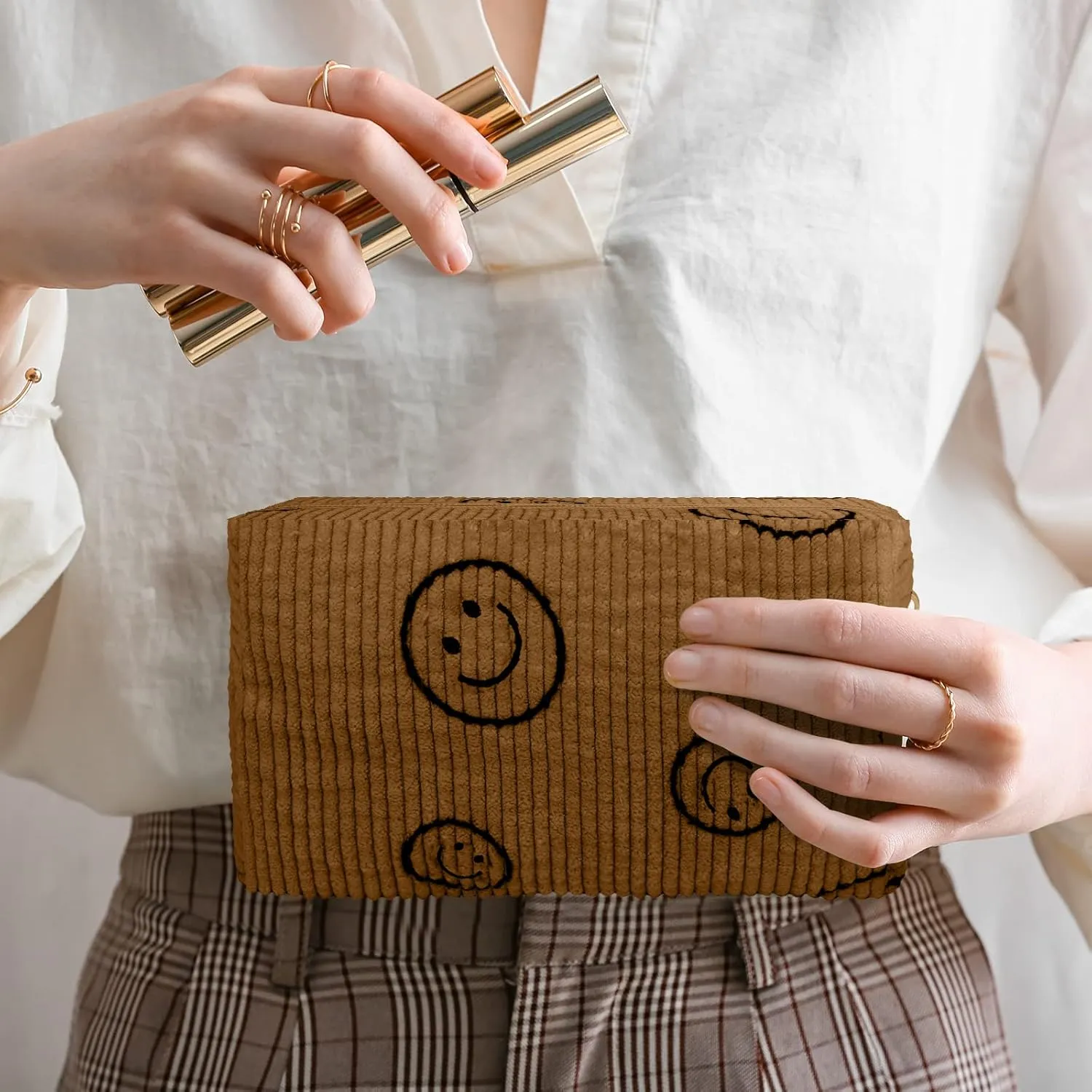 Photect 3 Pcs Corduroy Cosmetic Bag Smile Face Aesthetic Preppy Pouch Travel Makeup Bags for Christmas Women Holiday Organizer Gifts(Classic,Blue, Brown, Dark Gray)