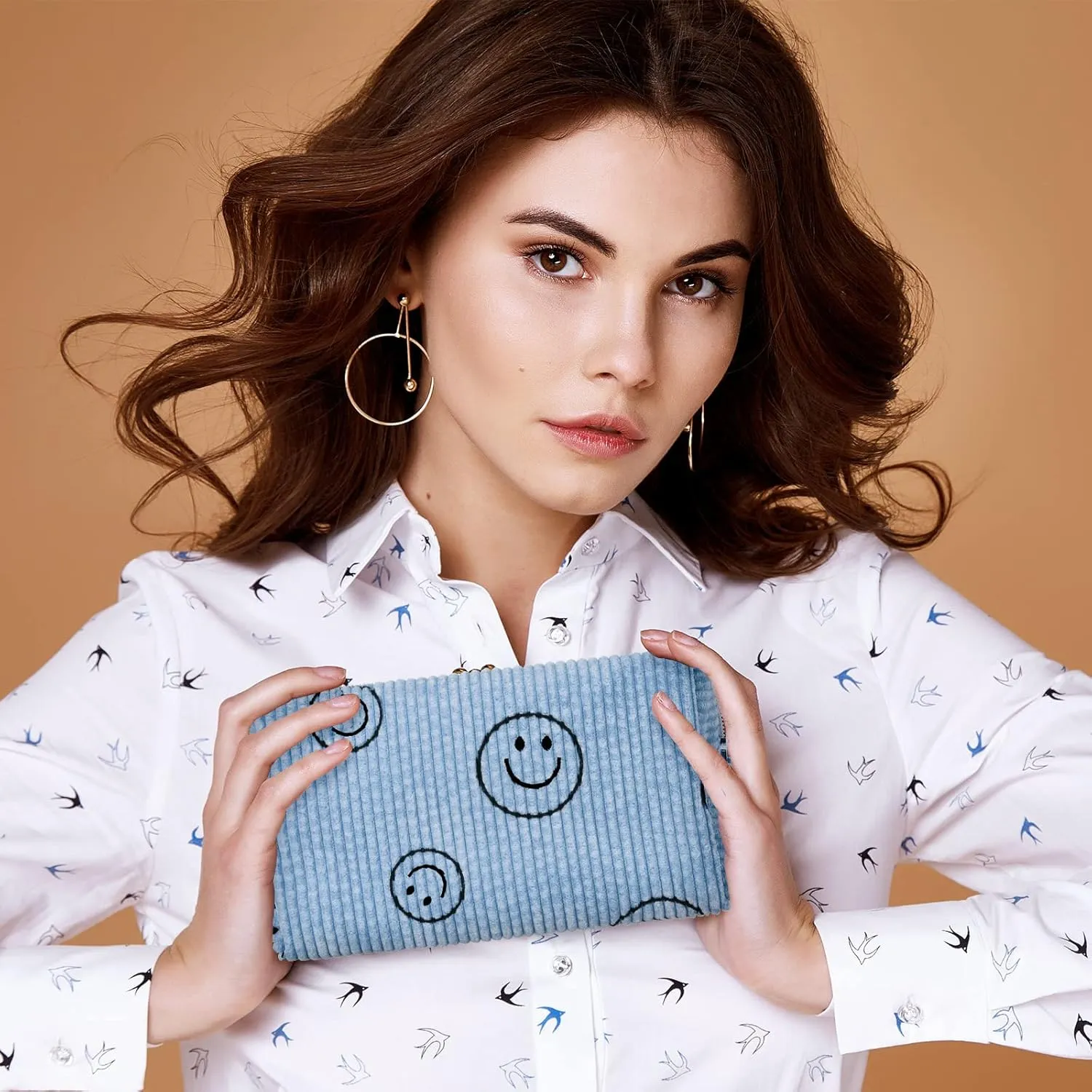 Photect 3 Pcs Corduroy Cosmetic Bag Smile Face Aesthetic Preppy Pouch Travel Makeup Bags for Christmas Women Holiday Organizer Gifts(Classic,Blue, Brown, Dark Gray)