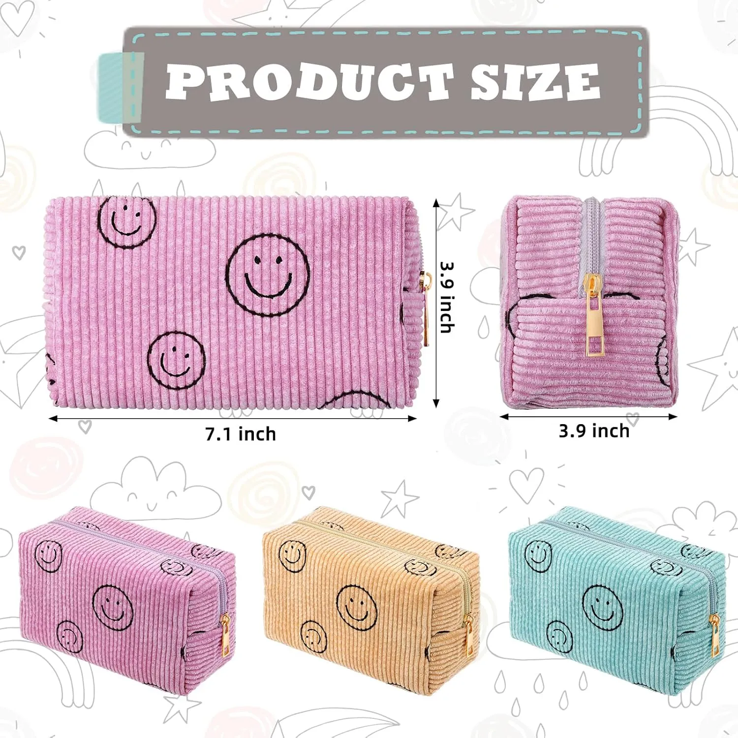 Photect 3 Pcs Corduroy Cosmetic Bag Smile Face Aesthetic Preppy Pouch Travel Makeup Bags for Christmas Women Holiday Organizer Gifts(Classic,Pink, Yellow, Green)
