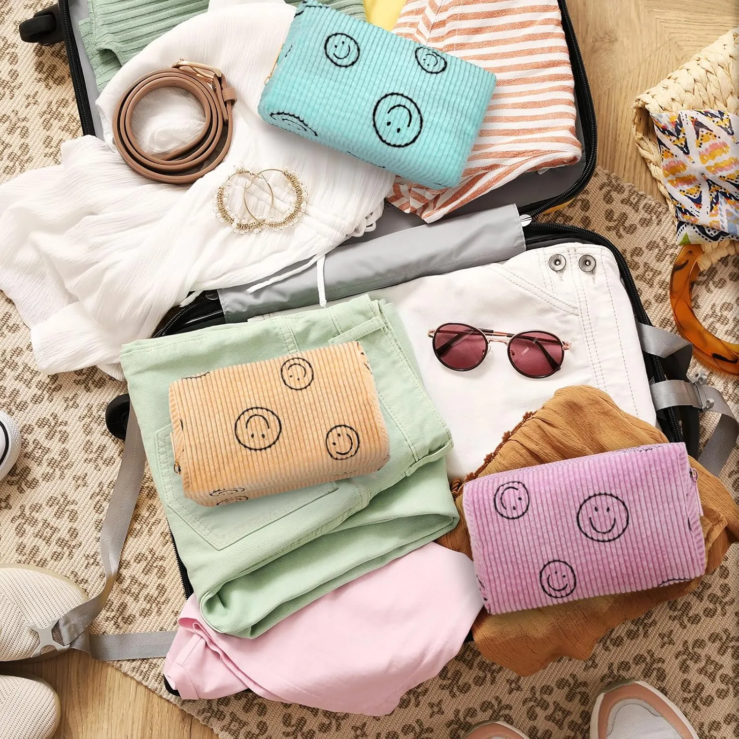 Photect 3 Pcs Corduroy Cosmetic Bag Smile Face Aesthetic Preppy Pouch Travel Makeup Bags for Christmas Women Holiday Organizer Gifts(Classic,Pink, Yellow, Green)