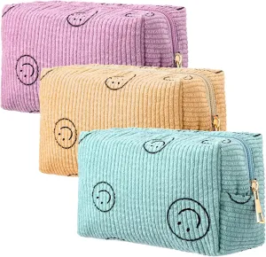 Photect 3 Pcs Corduroy Cosmetic Bag Smile Face Aesthetic Preppy Pouch Travel Makeup Bags for Christmas Women Holiday Organizer Gifts(Classic,Pink, Yellow, Green)
