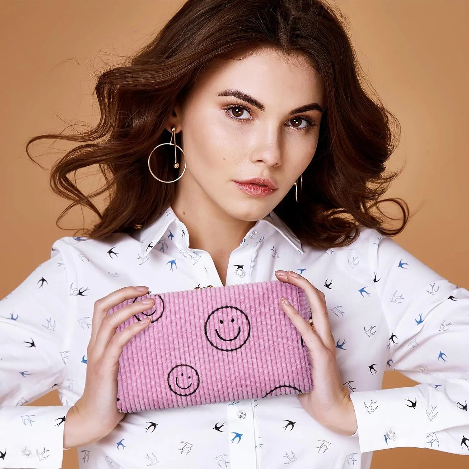 Photect 3 Pcs Corduroy Cosmetic Bag Smile Face Aesthetic Preppy Pouch Travel Makeup Bags for Christmas Women Holiday Organizer Gifts(Classic,Pink, Yellow, Green)
