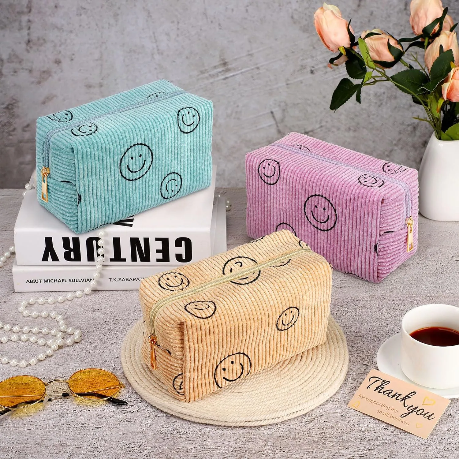 Photect 3 Pcs Corduroy Cosmetic Bag Smile Face Aesthetic Preppy Pouch Travel Makeup Bags for Christmas Women Holiday Organizer Gifts(Classic,Pink, Yellow, Green)