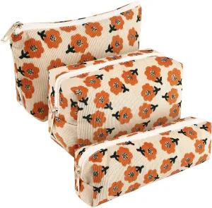 Photect 3 Pcs Floral Makeup Bag Corduroy Small Pouch Canvas Cosmetic Bag Mini Toiletry Zipper Travel Pouch for Women Graduation Gift Makeup Organizer Storage Accessories(Assorted)