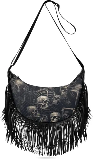 Pile Of Skulls Fringe Hippie Purses, Western Tassel Bags Crossbody Bags for Women with Adjustable Strap Fabric and PU Material