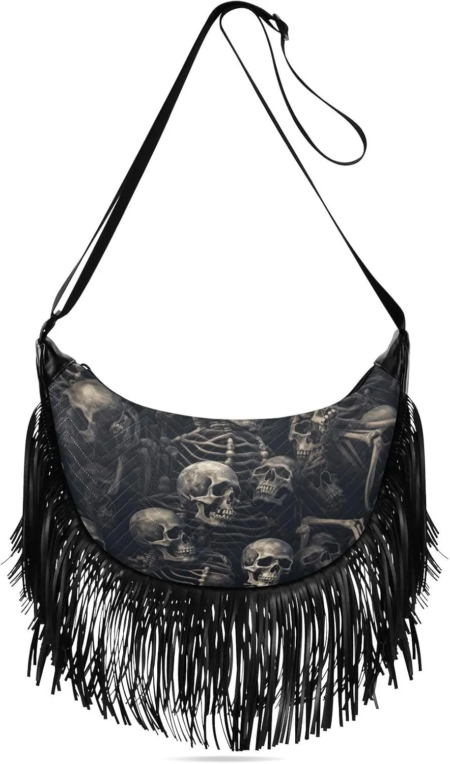 Pile Of Skulls Fringe Hippie Purses, Western Tassel Bags Crossbody Bags for Women with Adjustable Strap Fabric and PU Material