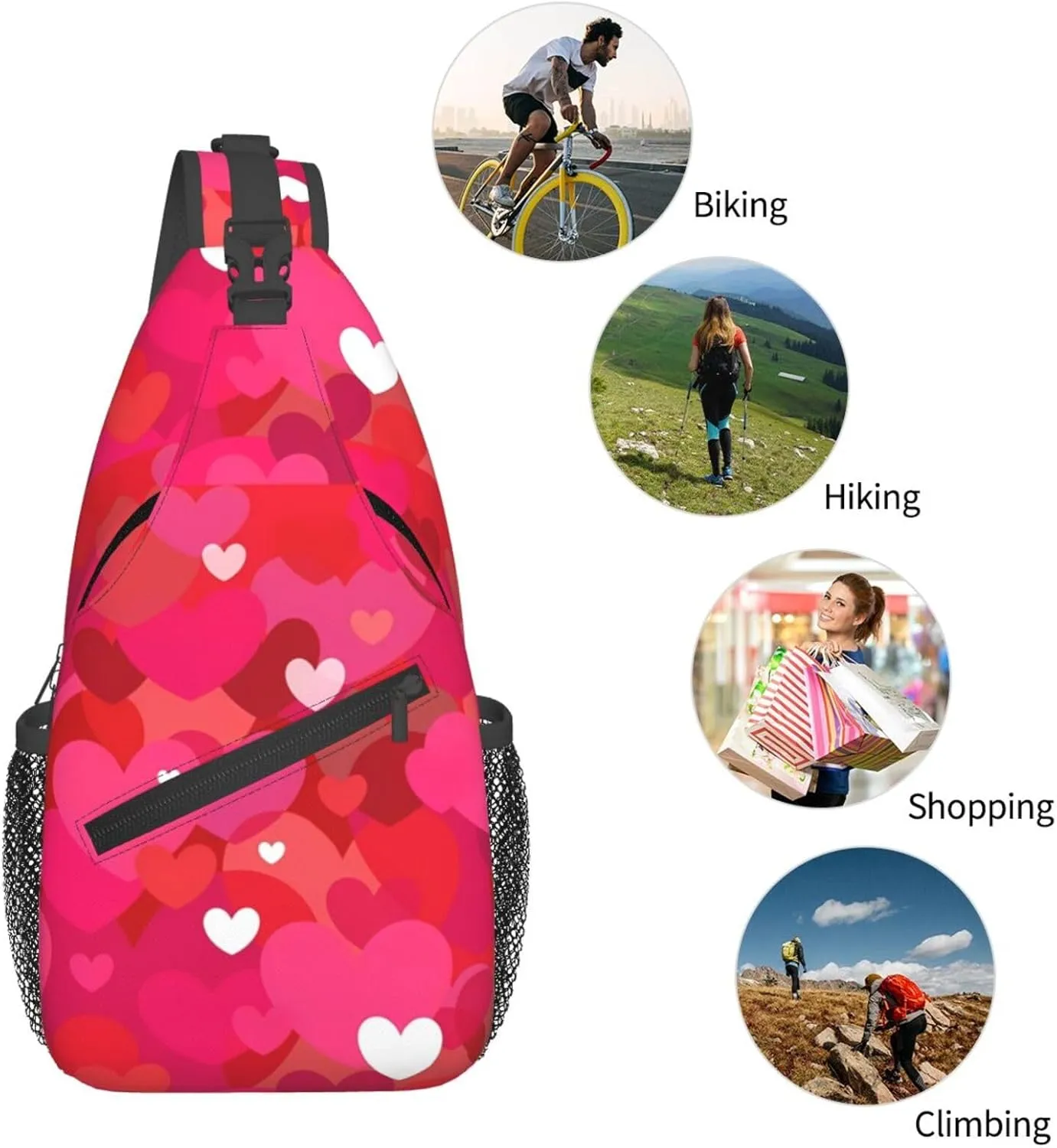 Pink Valentine Hearts Chest Sling Bag Crossbody Shoulder Backpack Bag Gym Cycling Daypack Travel Hiking Cross Bag