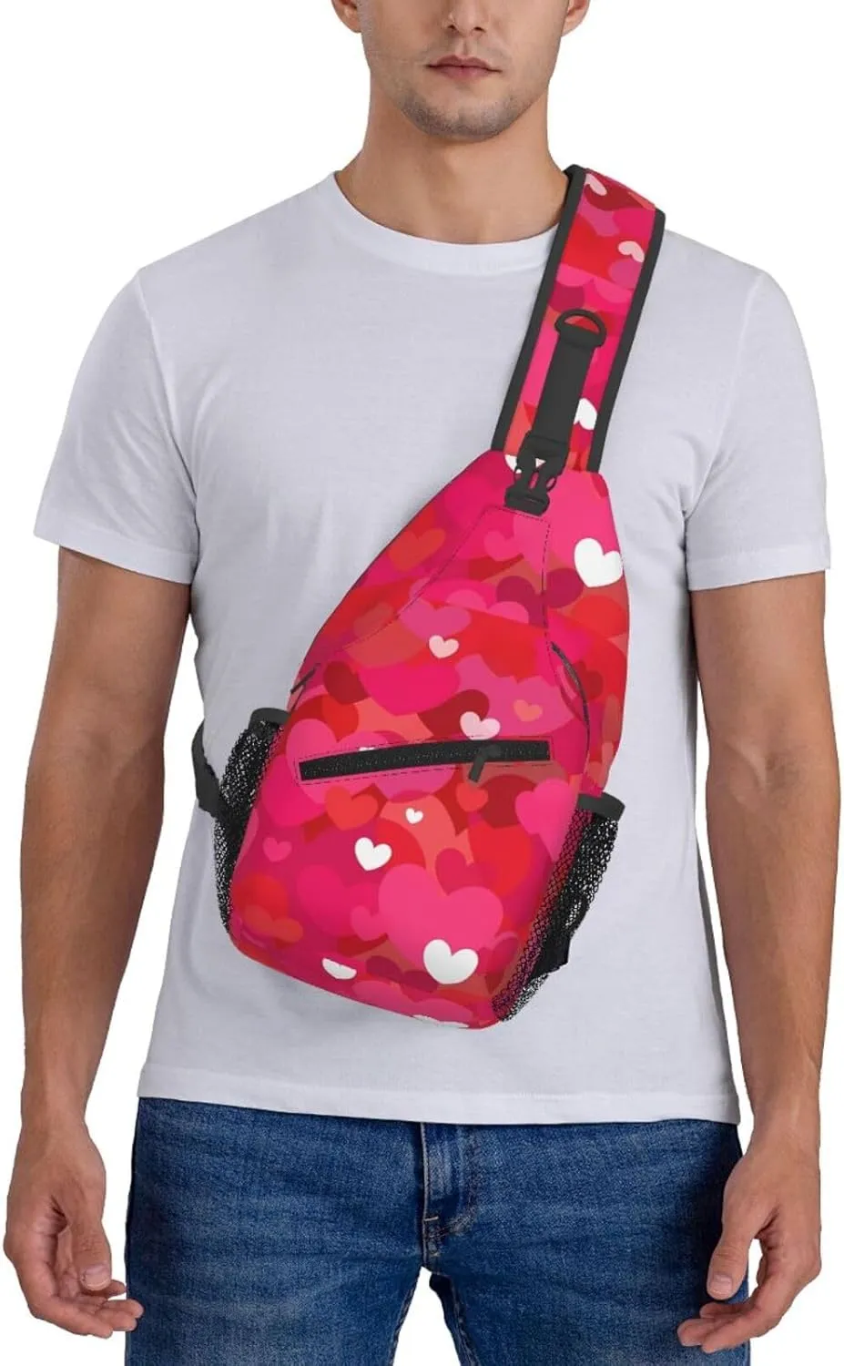 Pink Valentine Hearts Chest Sling Bag Crossbody Shoulder Backpack Bag Gym Cycling Daypack Travel Hiking Cross Bag