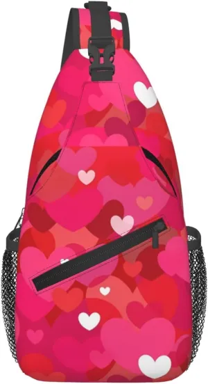 Pink Valentine Hearts Chest Sling Bag Crossbody Shoulder Backpack Bag Gym Cycling Daypack Travel Hiking Cross Bag