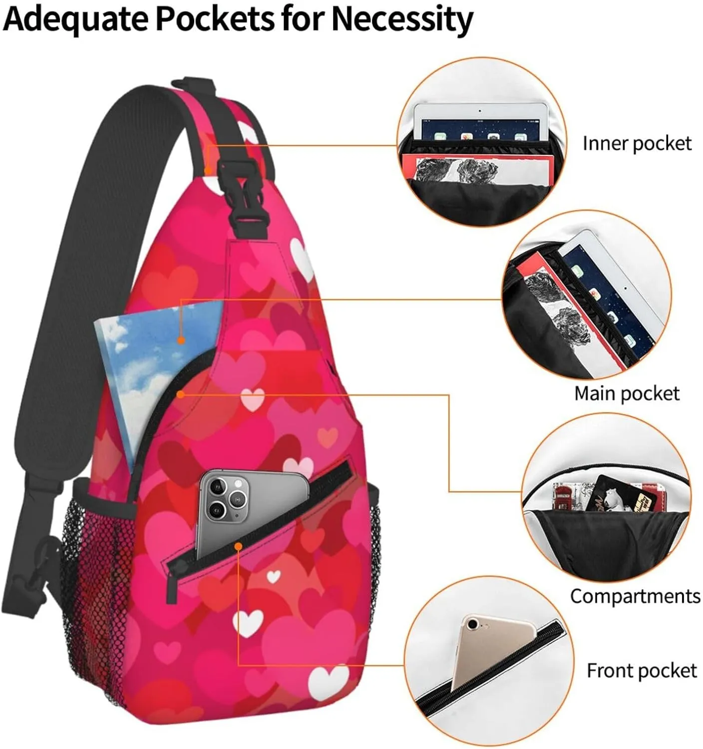 Pink Valentine Hearts Chest Sling Bag Crossbody Shoulder Backpack Bag Gym Cycling Daypack Travel Hiking Cross Bag