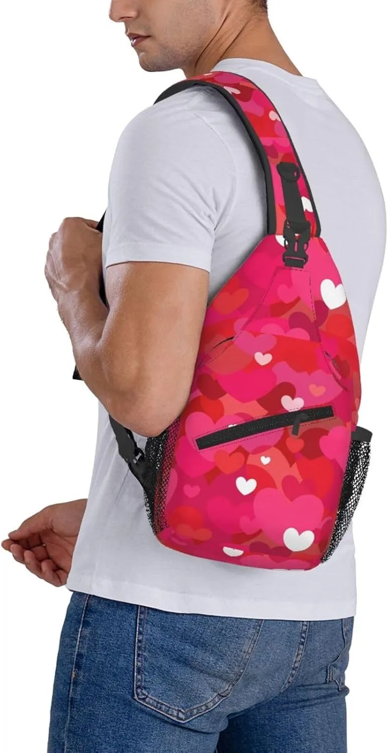 Pink Valentine Hearts Chest Sling Bag Crossbody Shoulder Backpack Bag Gym Cycling Daypack Travel Hiking Cross Bag