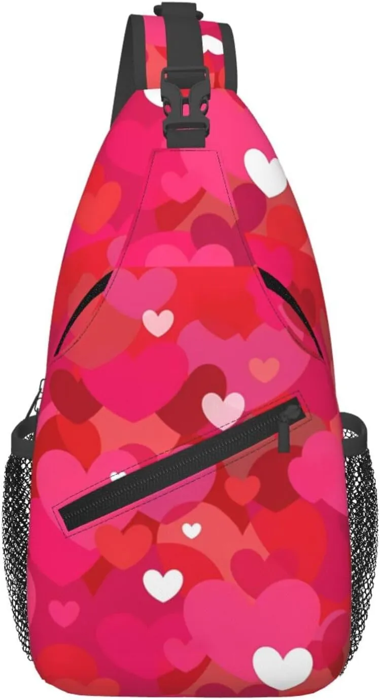 Pink Valentine Hearts Chest Sling Bag Crossbody Shoulder Backpack Bag Gym Cycling Daypack Travel Hiking Cross Bag