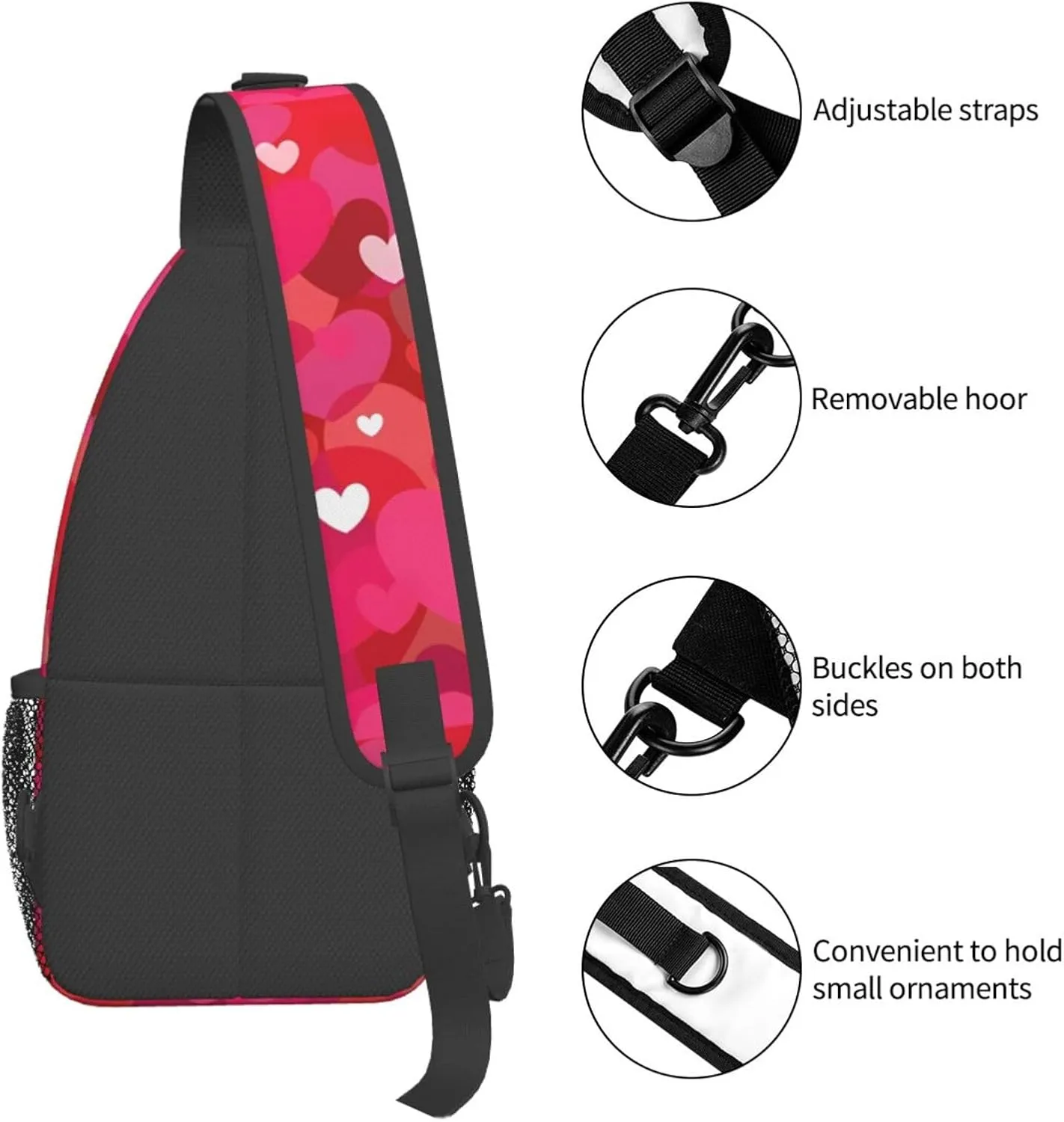 Pink Valentine Hearts Chest Sling Bag Crossbody Shoulder Backpack Bag Gym Cycling Daypack Travel Hiking Cross Bag