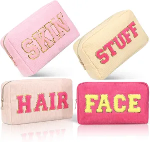 Pinkunn 4 Pcs Preppy Makeup Bags Chenille Letter Travel Organizer Face Skin Hair Stuff Corduroy Cosmetic Hygiene Toiletry Pouch with Zipper Wedding Birthday Gifts for Women(Pink Series Colors)