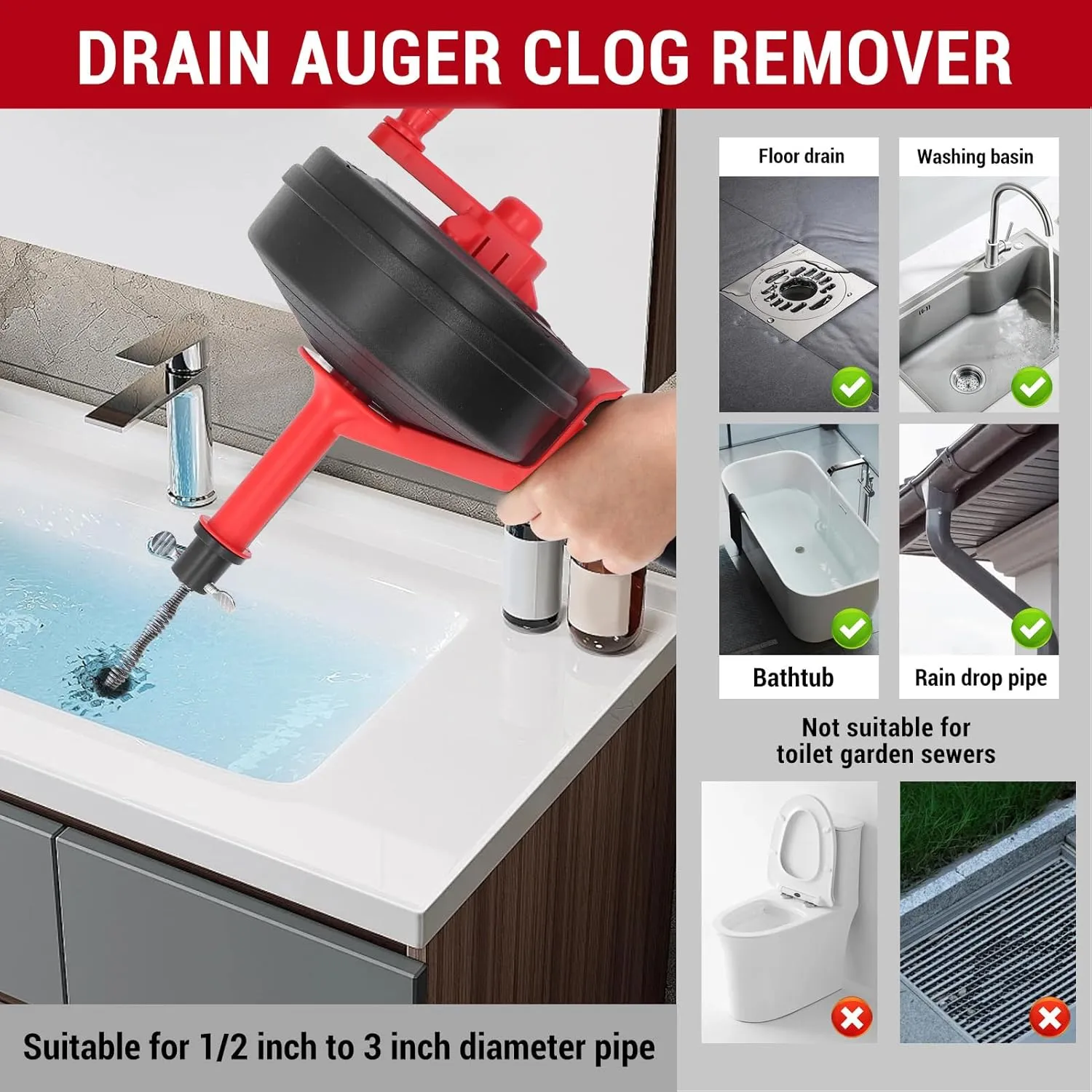 Pipe Unclogger, Manganese Steel Spring Drain Auger Multipurpose Plumbing Clog Remover Hand and Power Drill Operation with for Pipes from 1/2 Inch to 3 Inches (5 Meters)