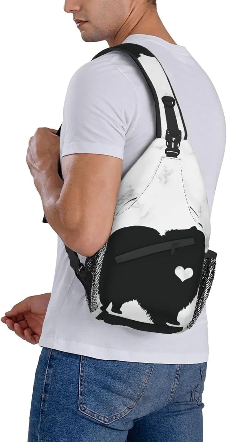 Pomeranian Dog Silhouette Chest Bag Shoulder Bag, Cute Animals Sling Backpack Casual Travel Bag For Men And Women
