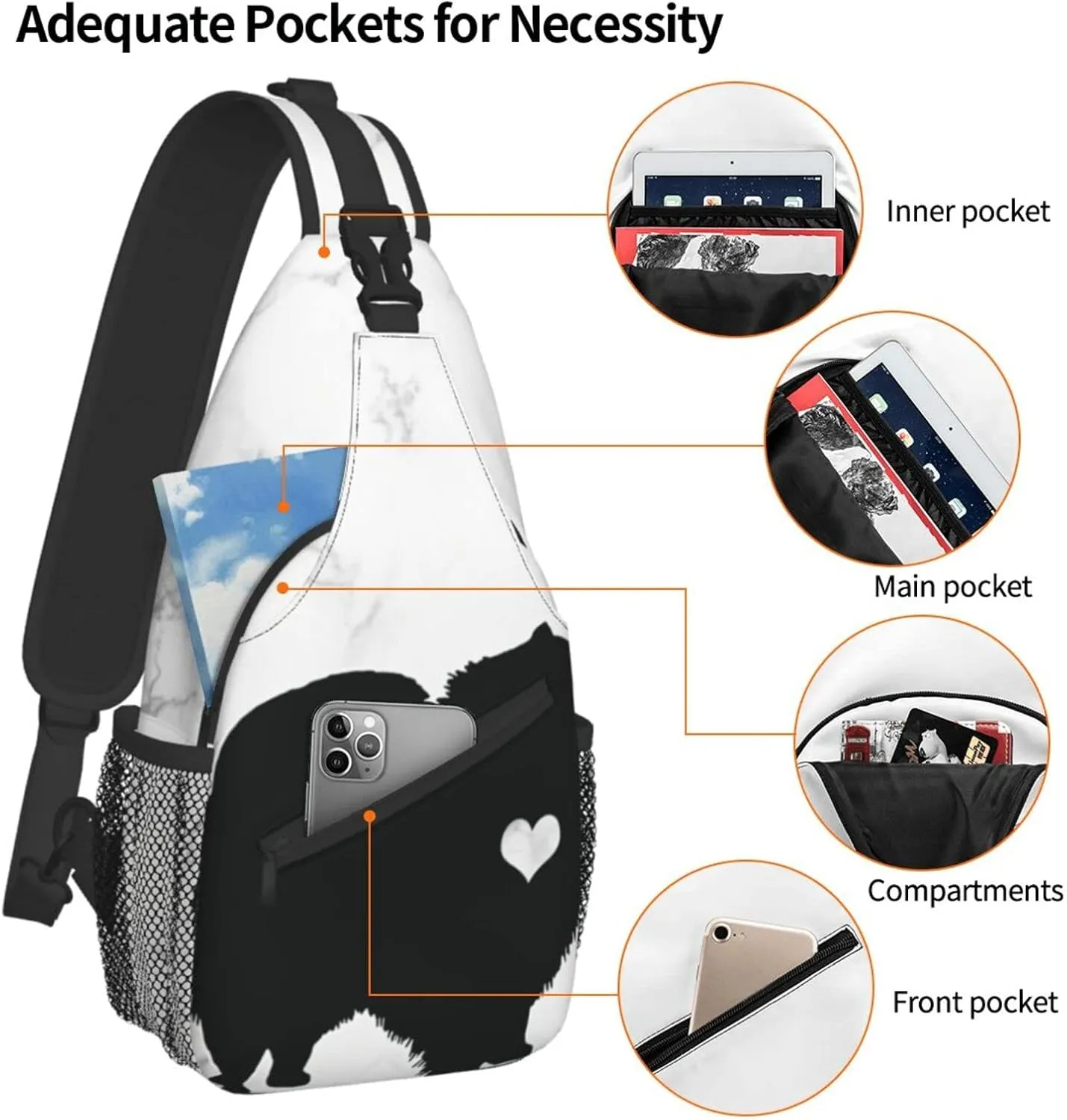 Pomeranian Dog Silhouette Chest Bag Shoulder Bag, Cute Animals Sling Backpack Casual Travel Bag For Men And Women