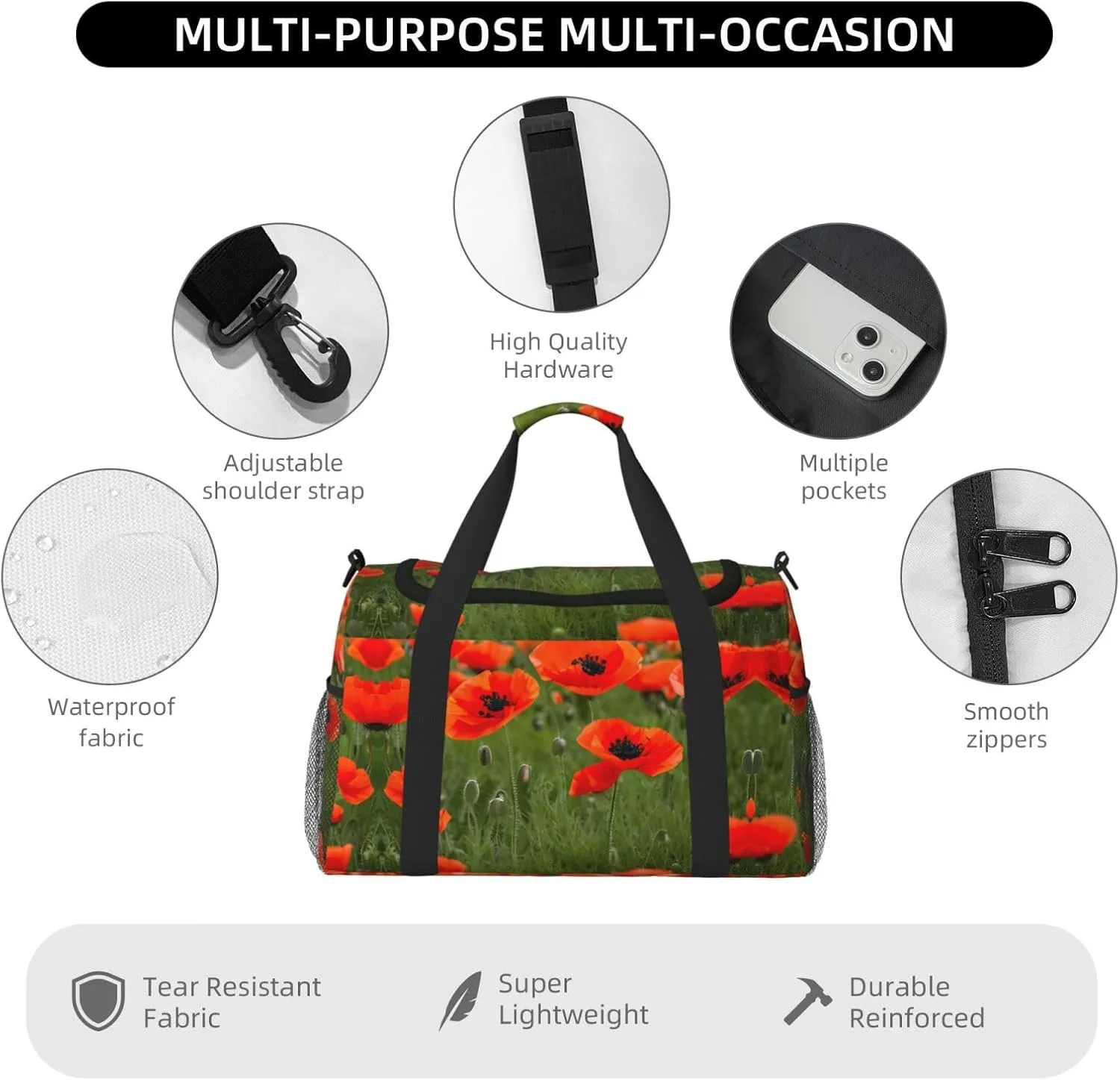 Poppy Flowers Petals Travel Duffel Bag With Zippers And Handles, Big Foldable Duffle Bag For Family Vacations