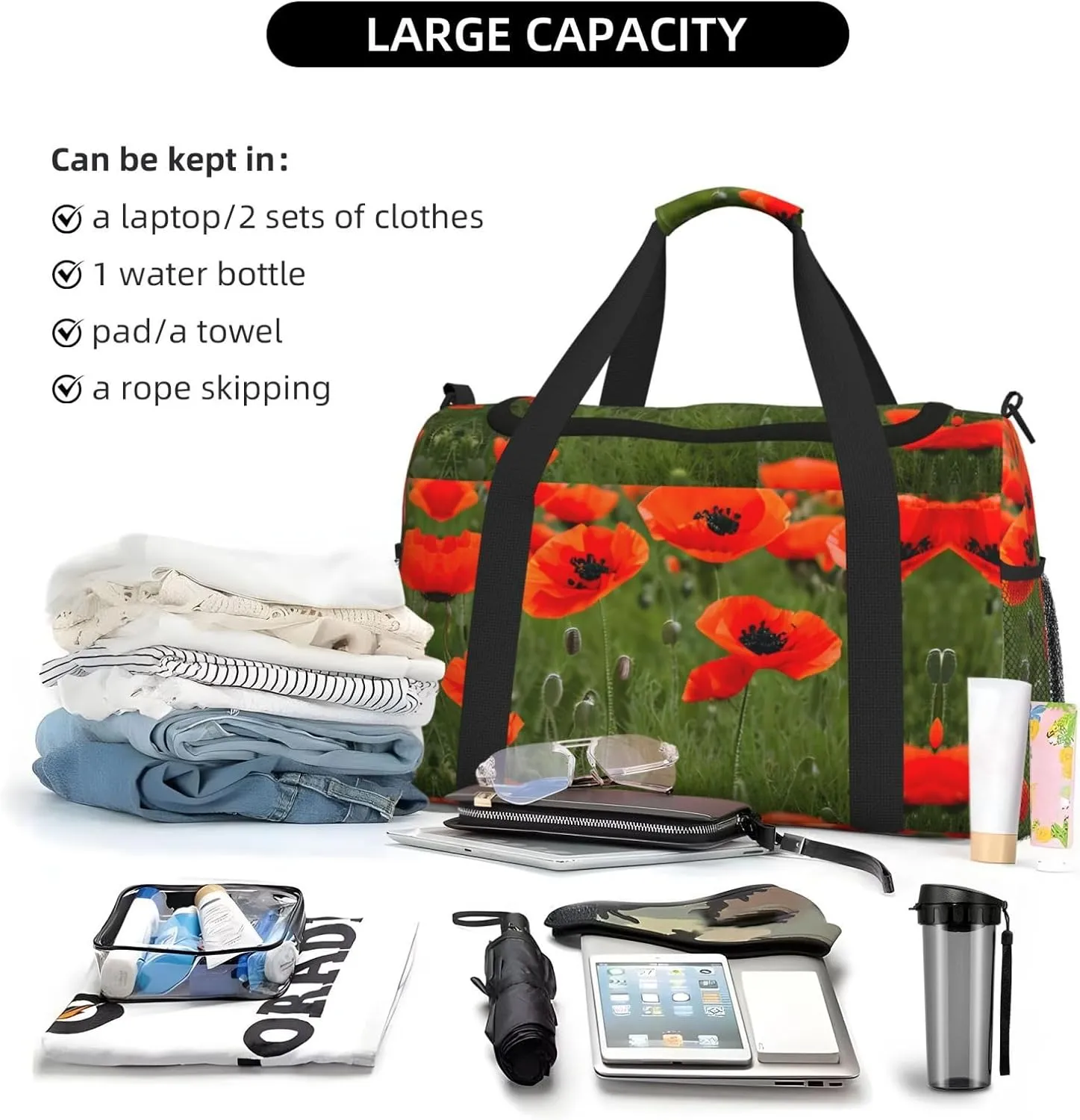 Poppy Flowers Petals Travel Duffel Bag With Zippers And Handles, Big Foldable Duffle Bag For Family Vacations