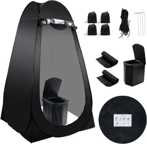 Portable Camping Toilet Kit for Adults, Pop up Privacy Tent, X Large Folding Toilet Potty with Camping Tent, Outdoor Instant Shower Tent Camp Toilet Changing Dressing Room (Black)