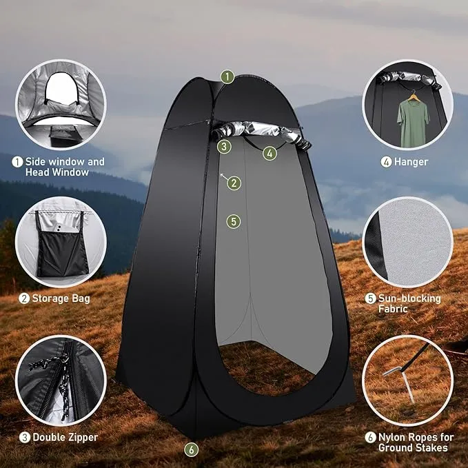 Portable Camping Toilet Kit for Adults, Pop up Privacy Tent, X Large Folding Toilet Potty with Camping Tent, Outdoor Instant Shower Tent Camp Toilet Changing Dressing Room (Black)