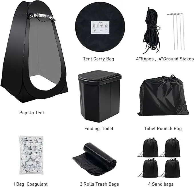 Portable Camping Toilet Kit for Adults, Pop up Privacy Tent, X Large Folding Toilet Potty with Camping Tent, Outdoor Instant Shower Tent Camp Toilet Changing Dressing Room (Black)