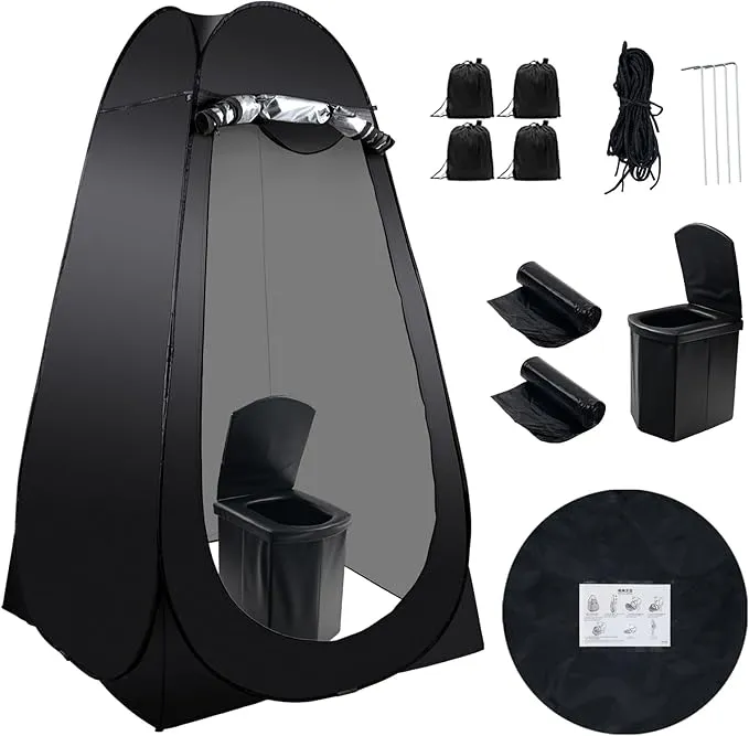 Portable Camping Toilet Kit for Adults, Pop up Privacy Tent, X Large Folding Toilet Potty with Camping Tent, Outdoor Instant Shower Tent Camp Toilet Changing Dressing Room (Black)