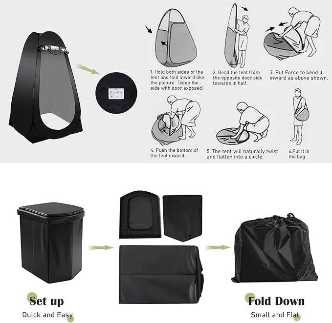 Portable Camping Toilet Kit for Adults, Pop up Privacy Tent, X Large Folding Toilet Potty with Camping Tent, Outdoor Instant Shower Tent Camp Toilet Changing Dressing Room (Black)