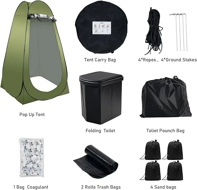 Portable Camping Toilet Kit for Adults, Pop up Privacy Tent, X Large Folding Toilet Potty with Camping Tent, Outdoor Instant Shower Tent Camp Toilet Changing Dressing Room (Green)